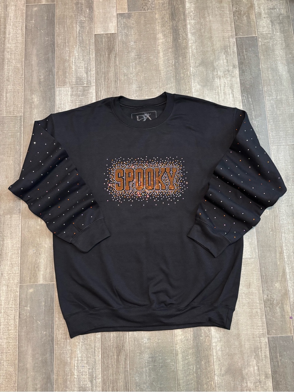 Gildan Black Crewneck Sweatshirt with Orange & Silver 'SPOOKY' Rhinestones